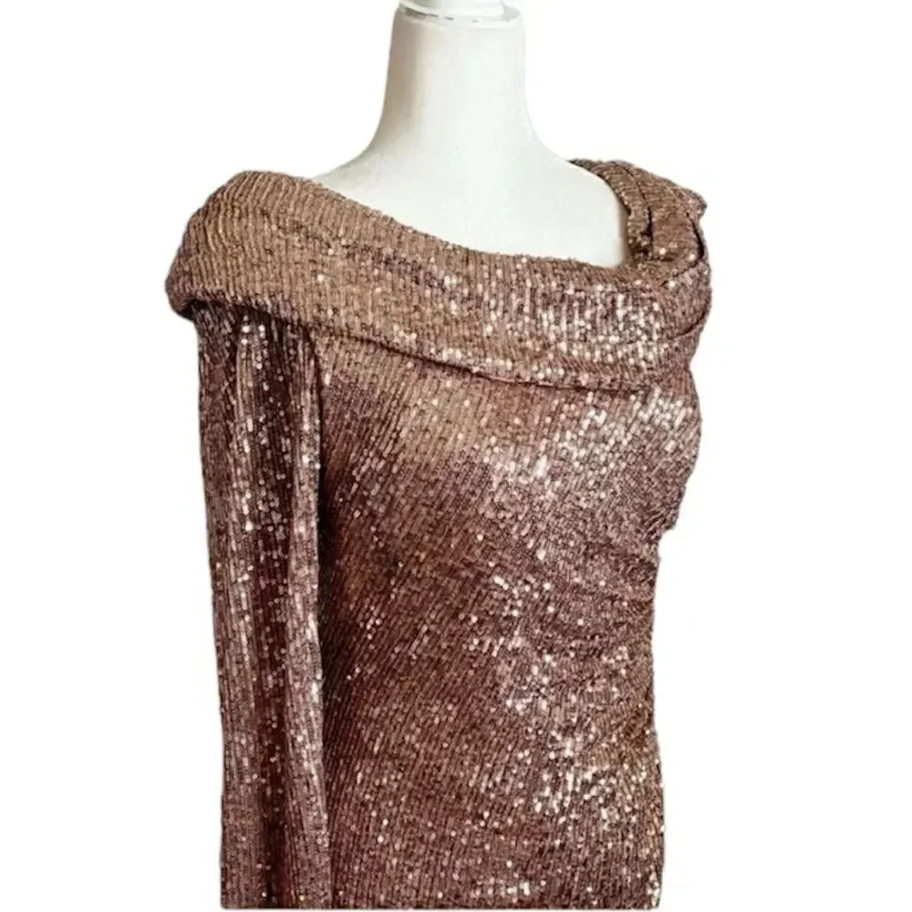 Mac Duggal NWT 26571 SEQUINED DROP SHOULDER FAUX WRAP GOWN in Copper Size 6